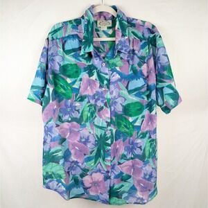 Vtg Villager Floral Hawaiian Short Sleeve Button Shirt Top Women L Vacation Y2K